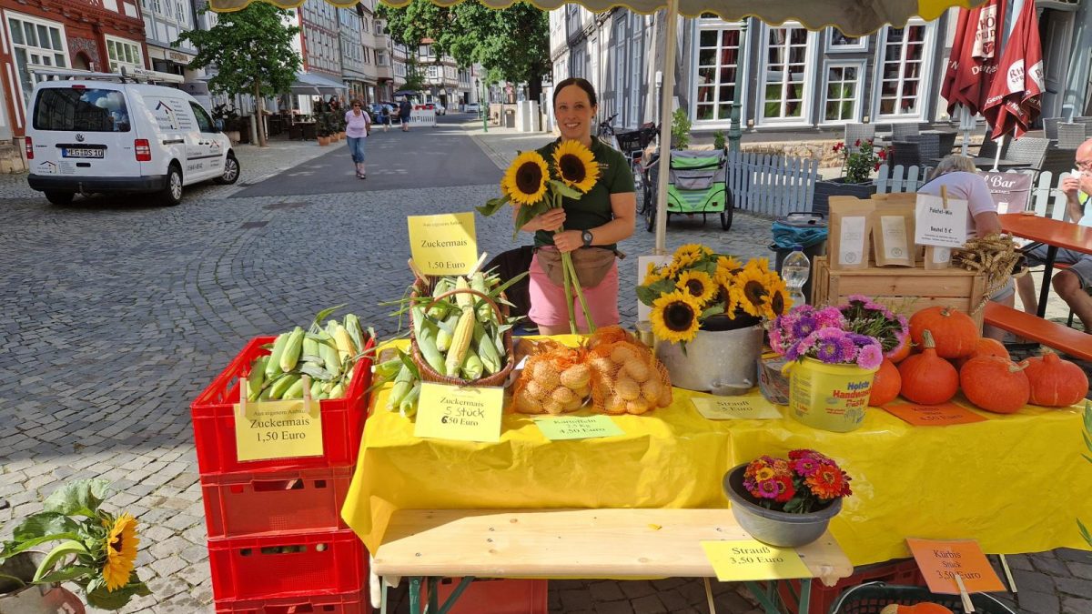 Birte Wirxel aus Großenenglis bringt mit Zuckermais, Kürbissen, Melonen und Feldblumen frische Vielfalt auf den Bartenwetzer Wochenmarkt.